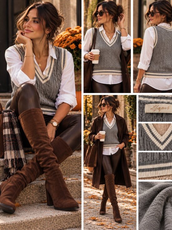 Hyspels Sweaters - 666 - Hyspels Gray Cable Knit Sweater Vest V-Neck Preppy Fall Layering